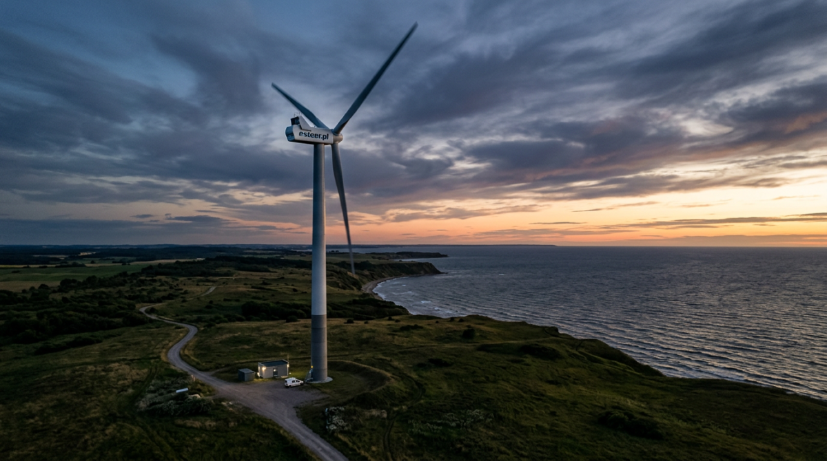 Wind turbine near coastline during sunset with cloudy sky