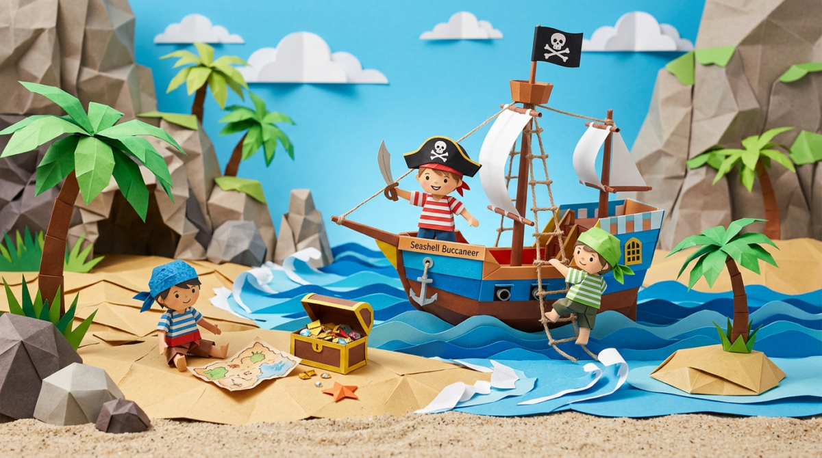 Paper craft pirate ship named Seashell Buccaneer with children pirates and treasure on island