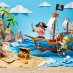 Paper craft pirate ship named Seashell Buccaneer with children pirates and treasure on island